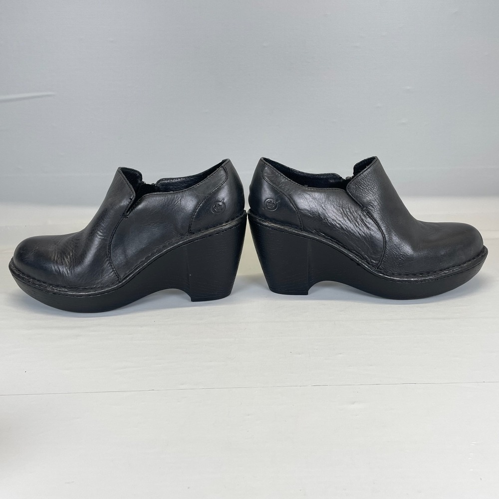 Born Wedge Shoes Womens Size 8 M Black Leather Zip Up Casual Dressy Clogs - Picture 7 of 11